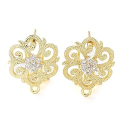Flower Brass Micro Pave Cubic Zirconia Stud Earrings Finding, with Horizontal Loops, Cadmium Free & Lead Free, Real 18K Gold Plated, 18x15mm, Hole: 1.2mm, Pin: 0.8mm(KK-E083-20G)