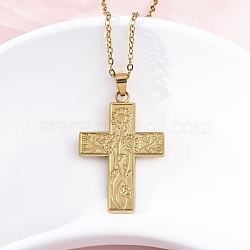 Flower Cross 304 Stainless Steel Pendant Necklaces, Ion Plating(IP), Real 18K Gold Plated, 18.11 inch(46cm)(NJEW-M096-35G)