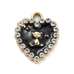 UV Plating Golden Alloy Enamel Pendants, with Crystal Rhinestone, Heart with Bear Charms, Black, 17.5x15x2.5mm, Hole: 1.8mm(PALLOY-D026-03G-02)