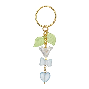 Bowknot & Heart Glass Pendant Decorations, with Acrylic Leaf/Flower Charm amd Iron Split Key Rings, Light Sky Blue, 8.8cm