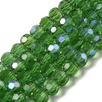 Electroplate Transparent Glass Beads Strands, Faceted, Round, Rainbow Plated, Green, 6mm, Hole: 1mm, about 98~100pcs/strand, 20.39~20.59 inch(51.8~52.3cm)