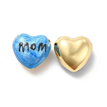 Brass Enamel Beads, Real 18K Gold Plated, Long-Lasting Plated, Heart with Word Mom, Deep Sky Blue, 17.5x18x10mm, Hole: 2mm