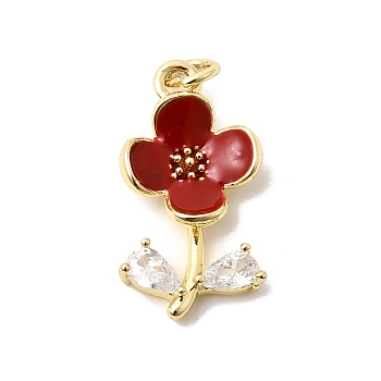 Brass Pave Clear Cubic Zirconia Pendants, with Enamel, Lead Free & Cadmium Free, Long-Lasting Plated, Flower Charm, Red, 22x11.5x5mm, Jump Ring: 5x1mm, Inner Diameter: 3mm
