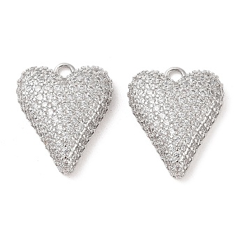 Brass Micro Pave Clear Cubic Zirconia Pendants, Heart, Real Platinum Plated, 22x17.5x5.5mm, Hole: 2mm