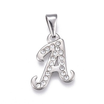 304 Stainless Steel Pendants, with Rhinestone, Letter, Letter.A, 22.5x17x2mm, Hole: 3~3.5x7.5~8mm