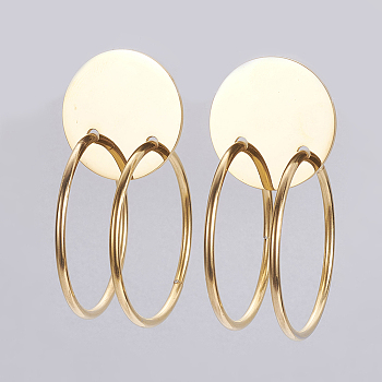 304 Stainless Steel Dangle Stud Earrings, Hypoallergenic Earrings, Flat Round with Ring, Golden, 51x25x35mm, Pin: 0.8mm