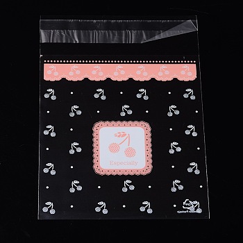 Rectangle OPP Cellophane Bags, with Cherry Pattern, Pearl Pink, 14x9.9cm, Unilateral Thickness: 0.035mm, Inner Measure: 11x9.9cm, about 95~100pcs/bag