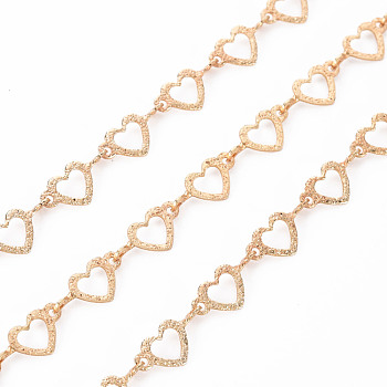 Handmade Brass Link Chains, Soldered, with Spool, Textured, Heart, Real 18K Gold Plated, 10.5x5x0.4mm