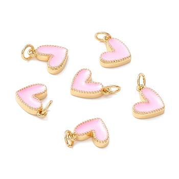 Rack Plating Brass Enamel Charms, with Jump Ring, Cadmium Free & Nickel Free & Lead Free, Real 18K Gold Long-Lasting Plated, Heart, Pink, 9x7x2mm, Hole: 2.5mm