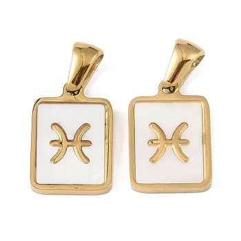 Constellations Natural White Shell Pendants, Ion Plating(IP) 304 Stainless Steel Rectangle Charms, Real 18K Gold Plated, Pisces, 16x10.5x1.5mm, Hole: 5x3mm