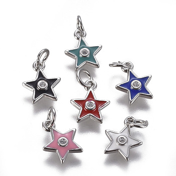 Brass Micro Pave Cubic Zirconia Pendants, with Enamel, Star, Platinum, Mixed Color, 11x9x2mm, Hole: 3mm