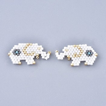 Handmade Seed Beads Pendants, with Elastic Thread, Loom Pattern, Elephant, White, 13~14x25~26x1.5mm