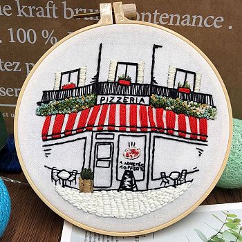 DIY Pizza Store Pattern Embroidery Starter Kit, Cross Stitch Kit Including Imitation Bamboo Frame, Carbon Steeln Pins, Cloth and Colorful Threads, Red, 177x164x8.5mm, Inner Diameter: 144mm