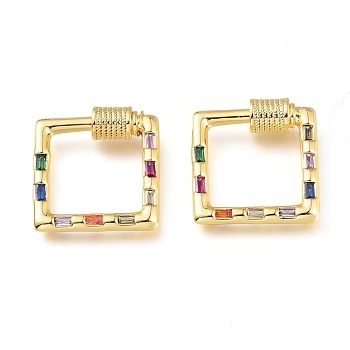 Brass Micro Pave Cubic Zirconia Screw Carabiner Lock Charms, for Necklaces Making,  Square, Golden, Colorful, 18.5x19.5x4.5mm