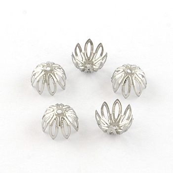 8-Petal Flower 304 Stainless Steel Fancy Bead Caps, Stainless Steel Color, 11x7mm, Hole: 1mm
