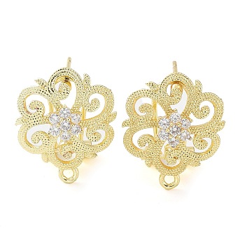 Flower Brass Micro Pave Cubic Zirconia Stud Earrings Finding, with Horizontal Loops, Cadmium Free & Lead Free, Real 18K Gold Plated, 18x15mm, Hole: 1.2mm, Pin: 0.8mm