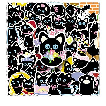 50Pcs 50 Styles PVC Stickers, Self-adhesion, for Suitcase, Skateboard, Refrigerator, Helmet, Mobile Phone Shell, Cat, Black, 55~85mm, 50pcs/set