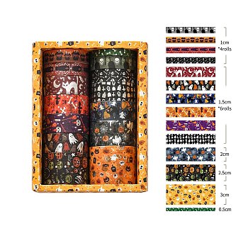 14 Rolls Halloween Theme Paper Decorative Paper Tapes Set, Adhesive Tapes, for DIY Scrapbooking Supplie Gift Decoration, Mixed Color, 5~30x0.2mm, 2m/roll