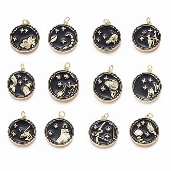 Brass Micro Pave Cubic Zirconia Pendants, with Enamel and Jump Ring, Flat Round with 12 Constellations, Golden, Random Mixed Constellations, 23x21x2.5mm, Hole: 3mm