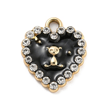 UV Plating Golden Alloy Enamel Pendants, with Crystal Rhinestone, Heart with Bear Charms, Black, 17.5x15x2.5mm, Hole: 1.8mm