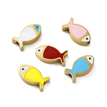 Ion Plating(IP) 304 Stainless Steel Beads, with Enamel, Real 18K Gold Plated, Fish, Mixed Color, 7x13.5x3mm, Hole: 1.8mm