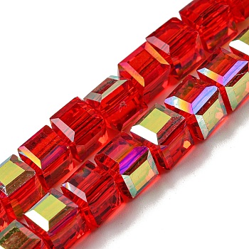 Electroplate Glass Beads Strands, Half Rainbow Plated, Faceted, Cube, Red, 7~7.5x7~7.5x7~7.5mm, Hole: 1mm