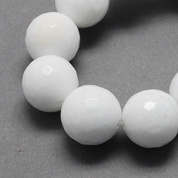 Natural White Jade Bead Strands, Dyed, Faceted, Round, White, 14mm, Hole: 2mm, 28pcs/strand, 14.6 inch