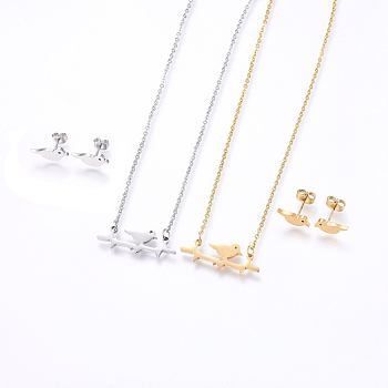 304 Stainless Steel Jewelry Sets, Stud Earrings and Pendant Necklaces, Bird, Mixed Color, Necklace: 18.9 inch(48cm), Stud Earrings: 5x12x1.2mm, Pin: 0.8mm