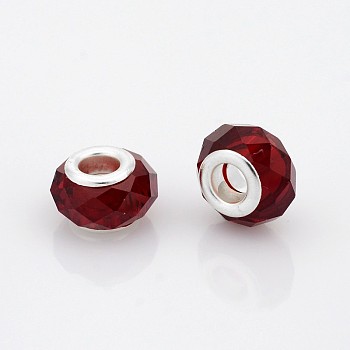 Граненый стеклянные европейские шарики, бусины с большими отверстиями в форме шайбы, с латунными ярдами серебянного цвета , темно-красный, 14x9 мм, отверстие : 5 мм