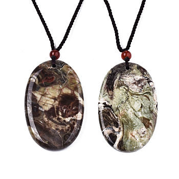 Natural Flower Agate Pendant Necklaces, Slider Necklaces, with Random Color Polyester Cords, Oval, 26~29.9 inch(66~76cm)