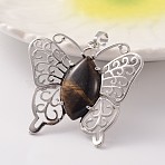 Butterfly Platinum Tone Brass Natural Tiger Eye Pendants, 43x45x7mm, Hole: 9x5mm(G-M288-04)