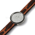 Alloy Flat Round Link Bracelet Settings fit for Cabochons, with Feather Pattern PU Leather Cords, Antique Silver, 8 inch(20.3cm), Tray: 18x18mm(FIND-M009-01AS)