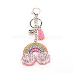 Alloy Keychain Clasp Findings, with Rainbow Rhinestone Pendant & Tassel Pendant, Platinum, 15.5cm(KEYC-WH0023-04)