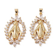 Brass Micro Pave Clear Cubic Zirconia Pendants, Long-Lasting Plated, Oval with Virgin Mary, Real 18K Gold Plated, 36x21x3mm, Hole: 4.5x3.5mm(ZIRC-M116-22G)