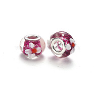 Handmade Lampwork European Beads, Large Hole Rondelle Beads, Rondelle with Flower, Bumpy Lampwork, with Glitter Powder and Platinum Tone Brass Double Cores, with Flower Pattern, Camellia, 15~16x9~10mm, Hole: 5mm(LPDL-N001-039-D12)