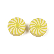 Wood European Beads, Christmas Stripe Beads, Flat Round, Yellow, 20x8mm, Hole: 2.6mm(WOOD-M014-03B-02)