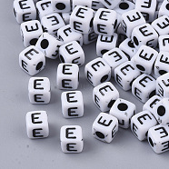White Opaque Acrylic Beads, Horizontal Hole, Cube with Black Alphabet, Letter.E, 4~5x4~5x4~5mm, Hole: 1.8mm, about 6470~6500pcs/500g(MACR-R869-02E)