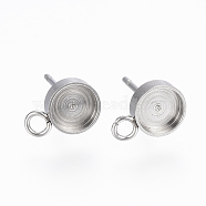 201 Stainless Steel Stud Earring Findings, with Loops and 304 Stainless Steel Pins, Flat Round, Stainless Steel Color, Tray: 5mm, 9x6x2mm, Hole: 2mm, Pin: 0.8mm(STAS-H410-08P-C)