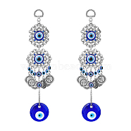 2Pcs Flat Round Glass Turkish Blue Evil Eye Pendant Decoration, with Alloy Flower Design Charm, for Home Wall Hanging Amulet Ornament, Antique Silver, 231mm(HJEW-DC0001-09)