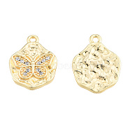Brass Micro Pave Clear Cubic Zirconia Pendants, Nickel Free, Textured, Flat Round with Butterfly, Real 18K Gold Plated, 13x10x2mm, Hole: 1mm(KK-N231-393)