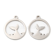 201 Stainless Steel Pendants, Flat Round with Fishtail Charm, Stainless Steel Color, 17.5x15.5x1mm, Hole: 1.4mm(STAS-A084-07P)