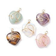 Natural & Synthetic Mixed Gemstone Pendants, with Golden Tone Copper Wire Wrapped, Heart, 40.5x30x8.5mm, Hole: 4.2mm(PALLOY-JF01490)