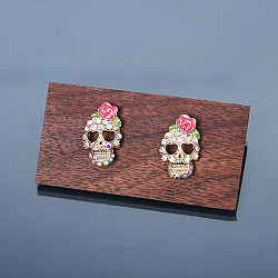 Luxury Rose Skull Stud Earrings, with Colorful Rhinestone for Halloween Fashion, Pink, 20x12mm(TR6805)