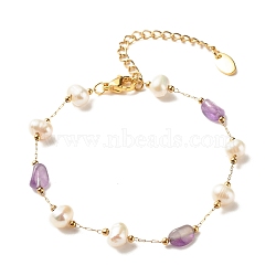 Natural Amethyst & Pearl Beaded Bracelet, Gold Plated Stainless Steel Jewelry for Women, 7-1/4~7-1/2 inch(18.5~19cm)(BJEW-JB08293-03)