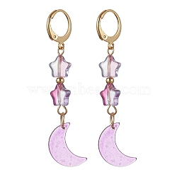 Moon & Star Glass Dangle Leverback Earrings with 304 Stainless Steel Pins, Plum, 55x11mm(EJEW-JE05605-03)
