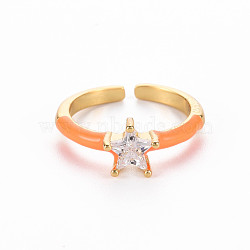 Brass Enamel Cuff Rings, Open Rings, Solitaire Rings, with Clear Cubic Zirconia, Nickel Free, Star, Golden, Dark Orange, US Size 7(17.3mm)(RJEW-T016-30D-NF)