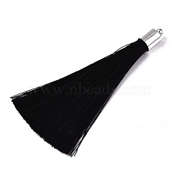 Fiber Tassel Big Pendant Decorations, with Platinum Plated Brass Finding, Black, 70~73x7~25mm, Hole: 1.8mm(FIND-R085-002)