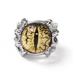 Dragon Eye Glass Wide Band Rings for Men, Punk Alloy Dragon Claw Open Ring, Antique Silver, Yellow, US Size 8(18.1mm)(RJEW-E017-01AS-04)