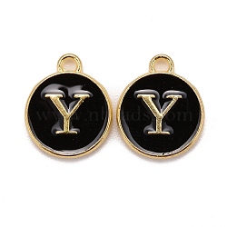 Golden Plated Alloy Charms, Cadmium Free & Lead Free, with Enamel, Enamelled Sequins, Flat Round with Letter, Black, Letter.Y, 14x12x2mm, Hole: 1.5mm(ENAM-S118-02Y)