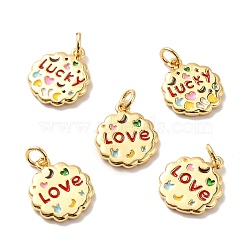 Rack Plating Brass Micro Pave Cubic Zirconia Pendants, Cadmium Free & Lead Free & Nickle Free, with Enamel and Jump Ring, Flat Round with Word LOVE or LUCKY, Real 18K Gold Plated, 15.5x13.5x2mm, Jump Ring: 5x0.6mm, Inner Diameter: 3.5mm(KK-M230-36G)